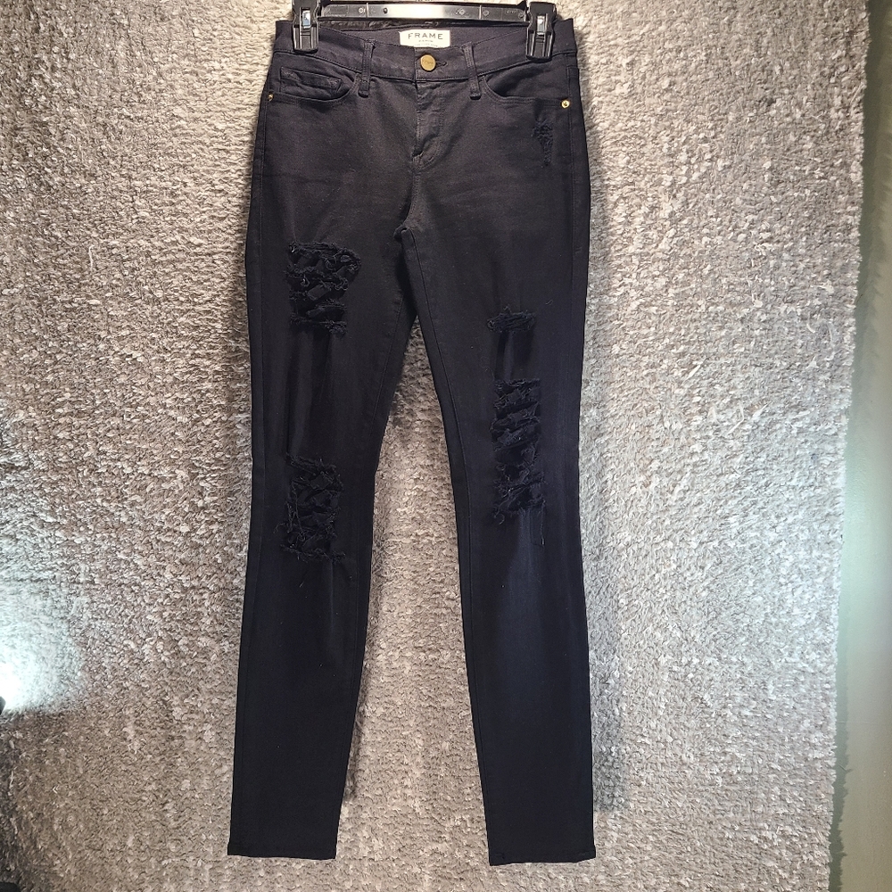 Frame Jeans Womens 26 Black Le Skinny de Jeanne Distressed Stretch Denim USA